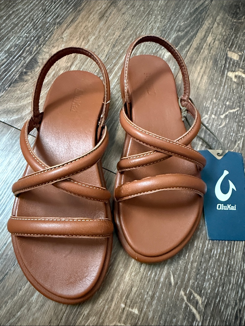 OluKai Women’s Cognac Brown Leather Strappy Slingback Sandals
